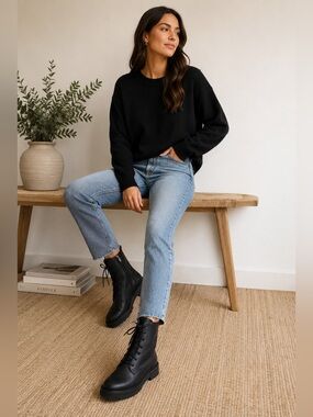 Eileen Fisher Black Leather Combat Boots Lace Up Ankle Boots Size 7.5